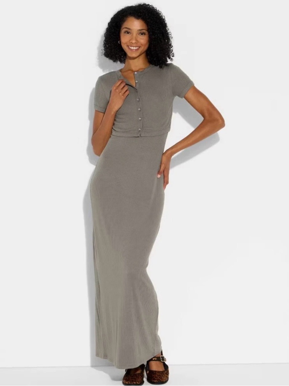 NWT Wild Fable 2 Piece Gray Ribbed Maxi Dress & Cropped Cardigan Set XL